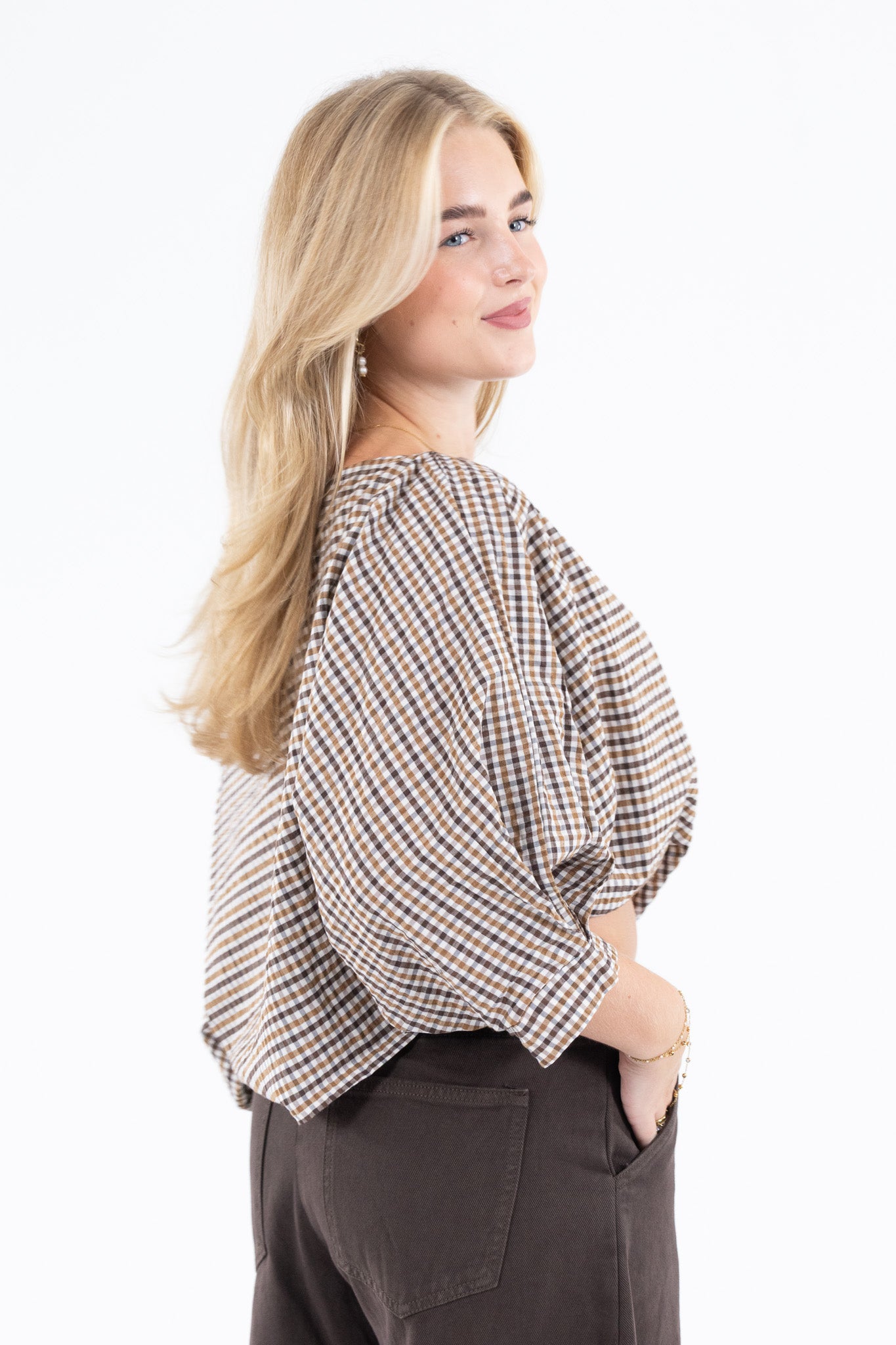 Off Shoulder Check Blouse