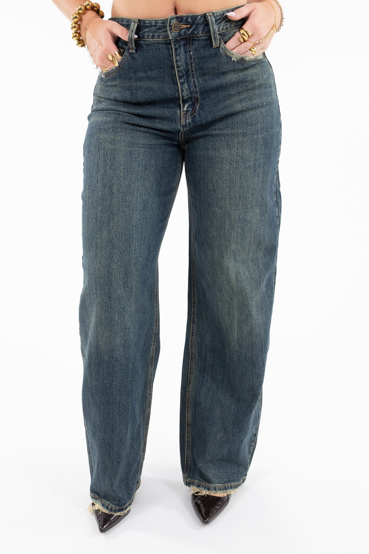 Leather Pocket Wide Leg Jeans