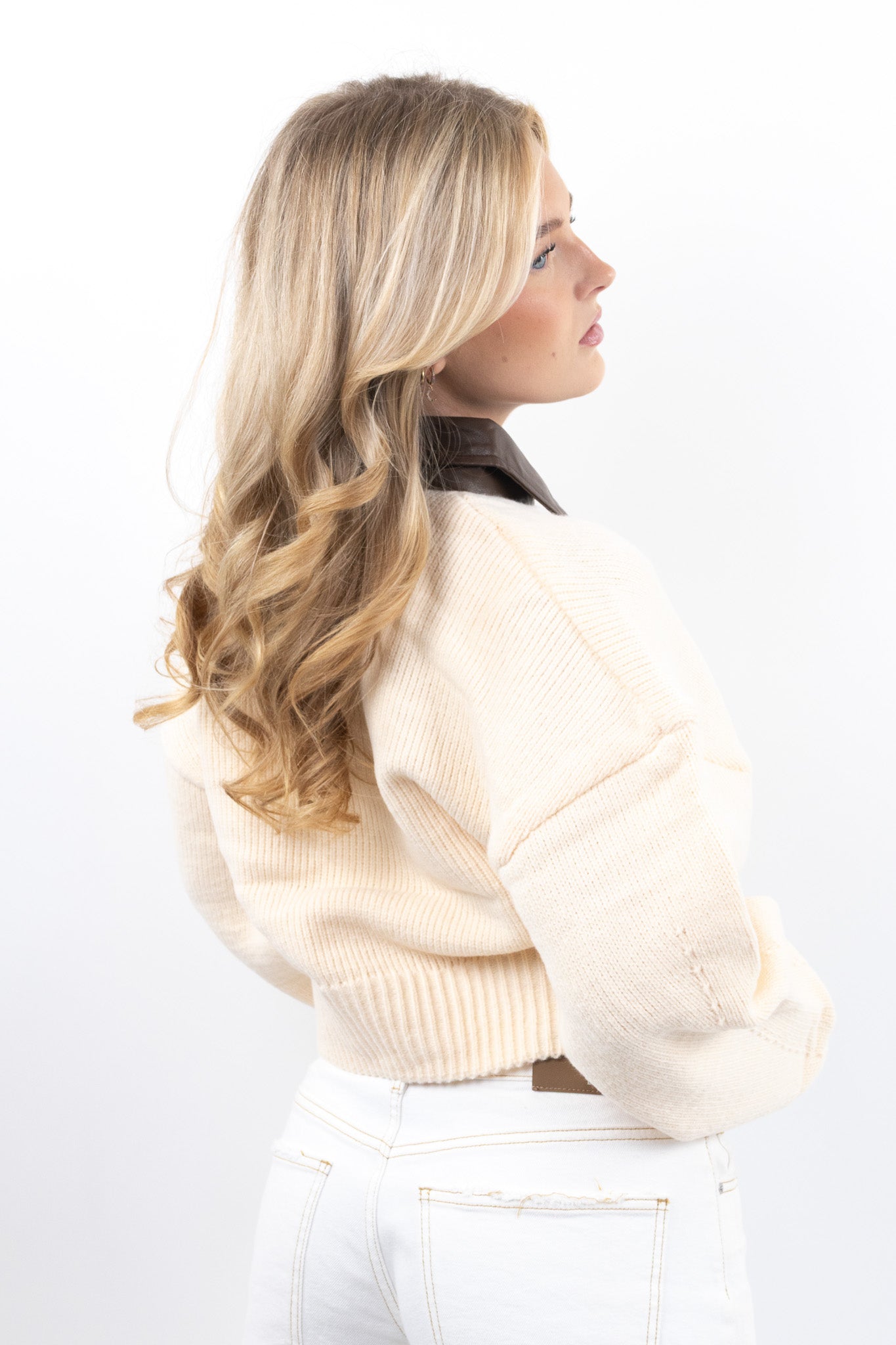 Leather Collar Knit Zip