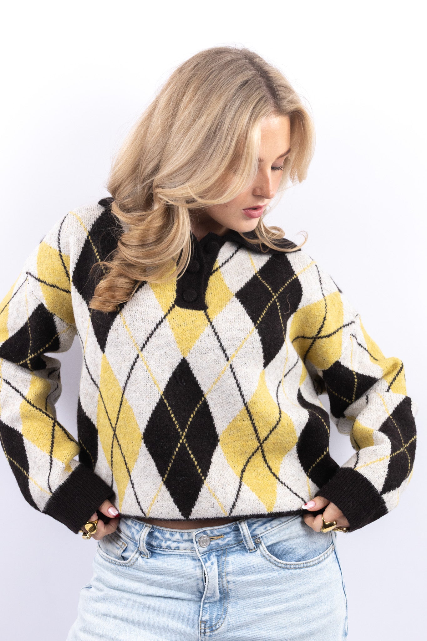 Buttoned Argyle Knit