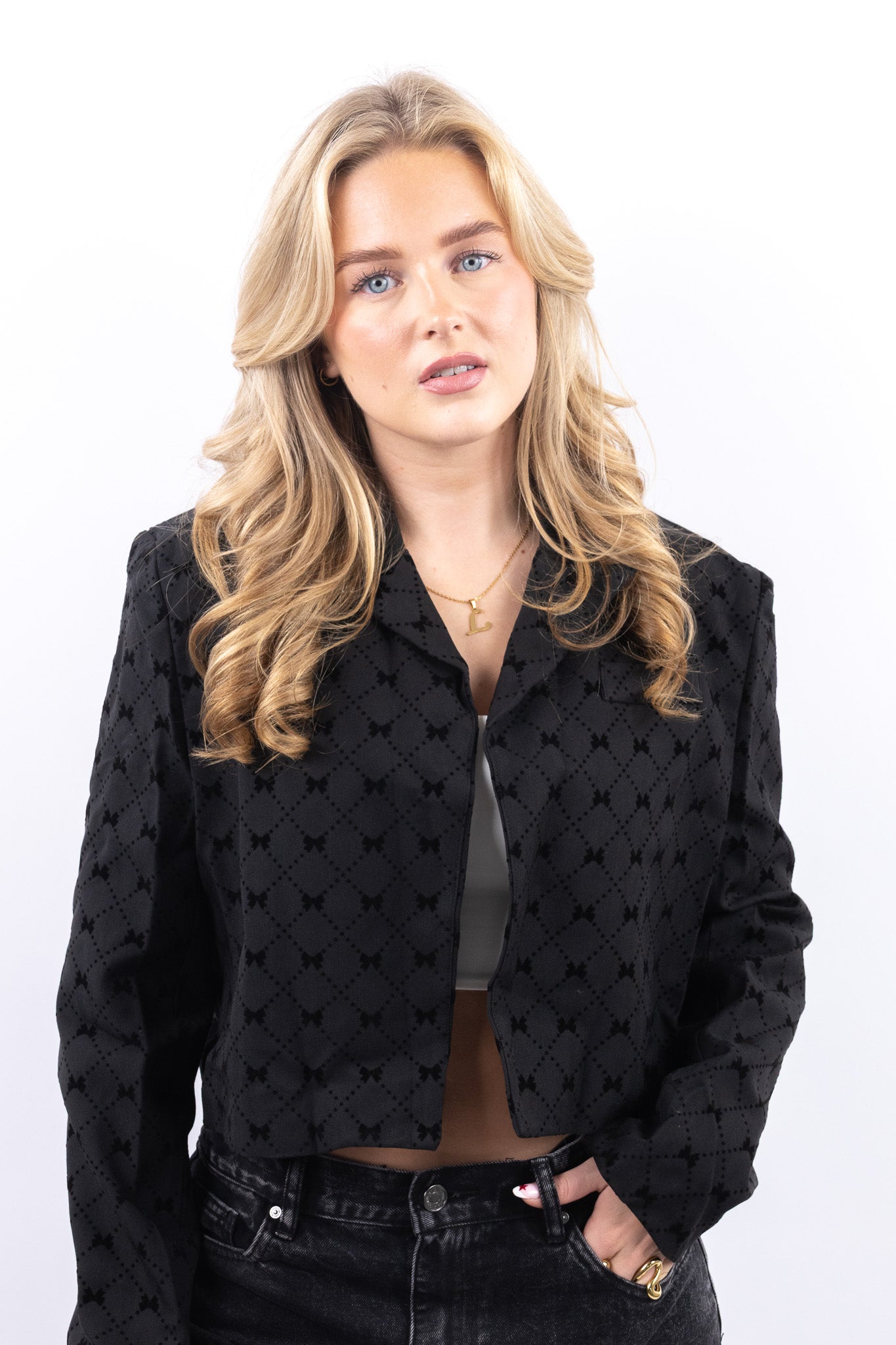 Bow Pattern Cropped Blazer