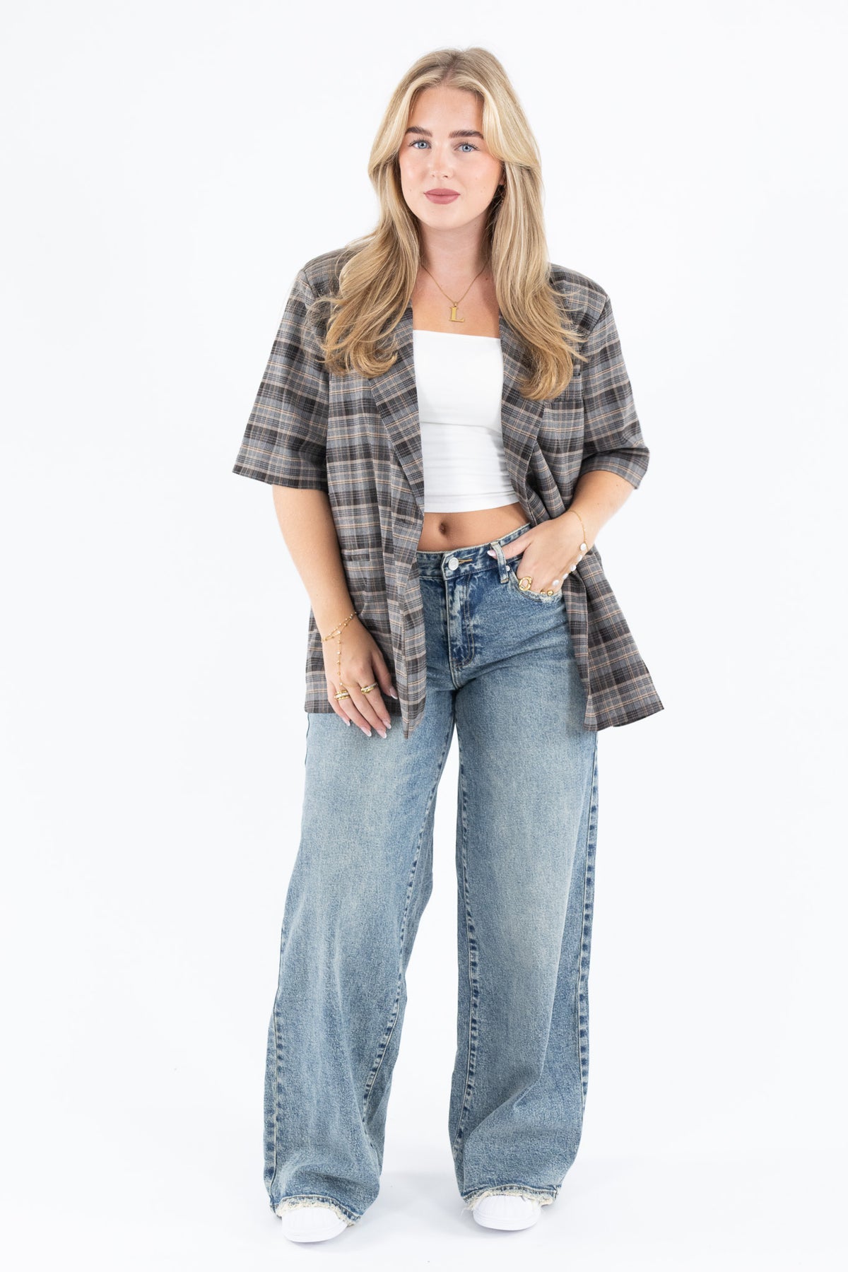 Short Sleeve Check Blazer