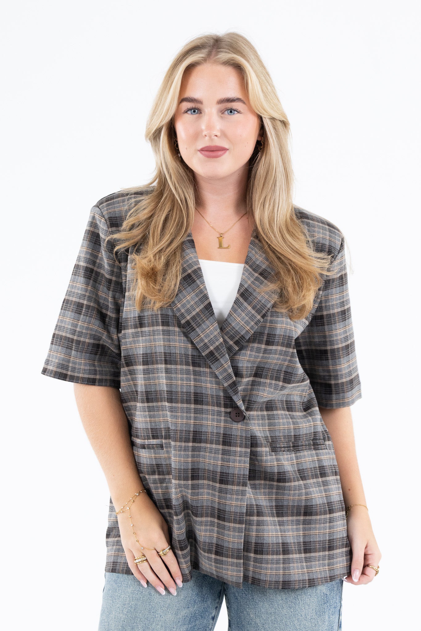 Short Sleeve Check Blazer