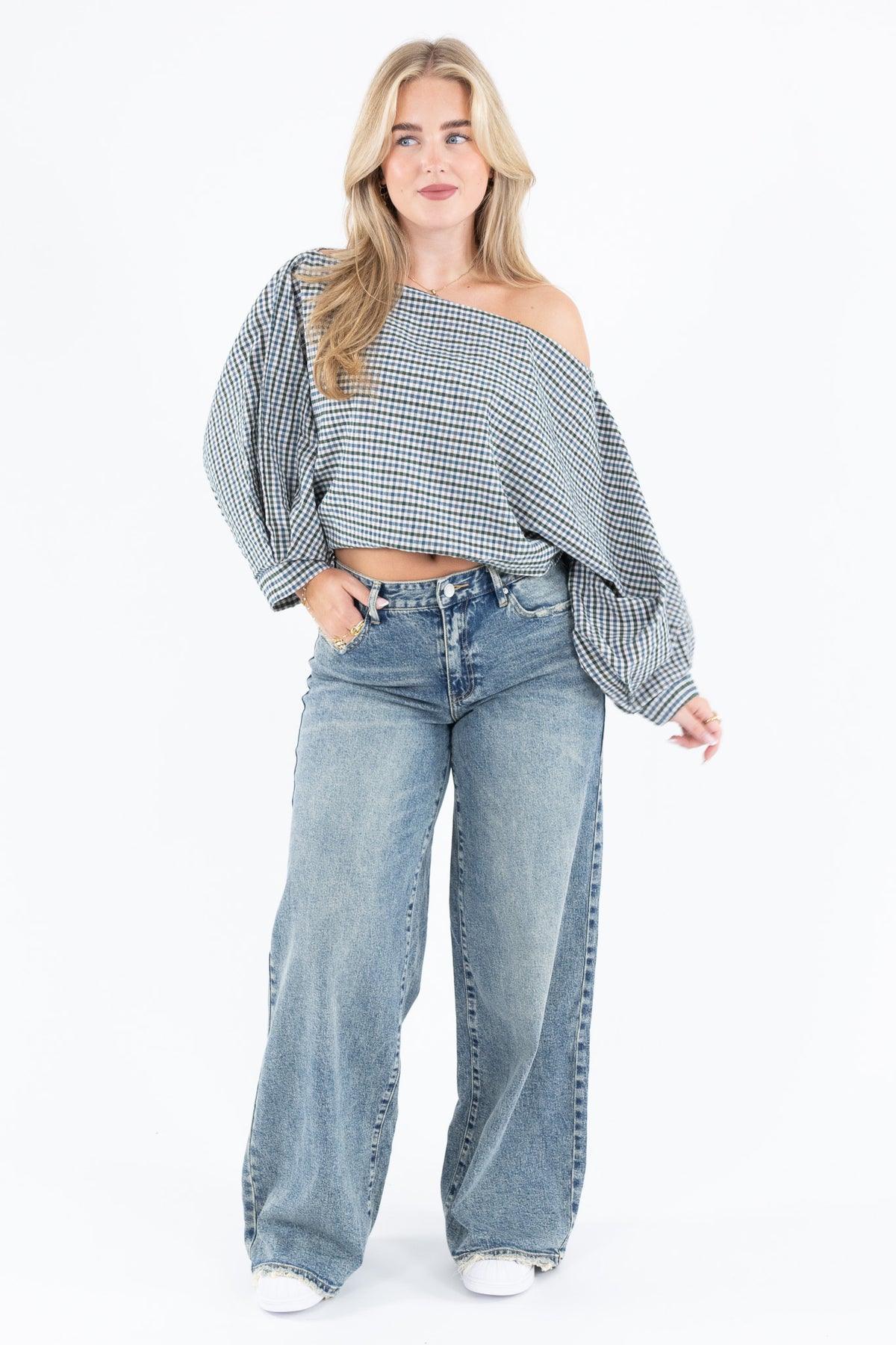 Off Shoulder Check Blouse