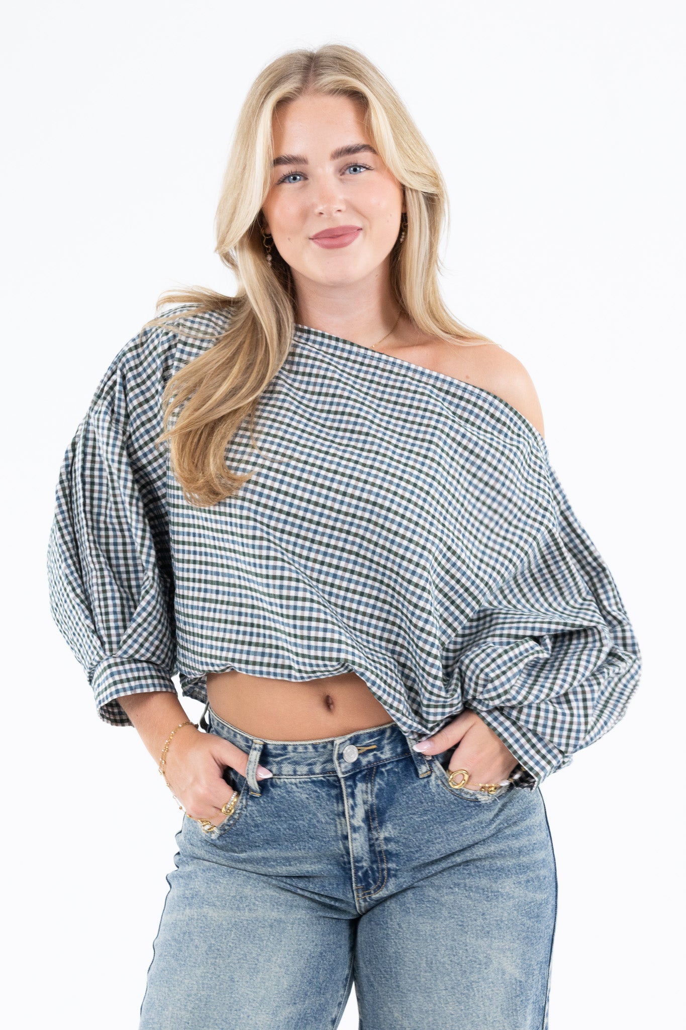 Off Shoulder Check Blouse