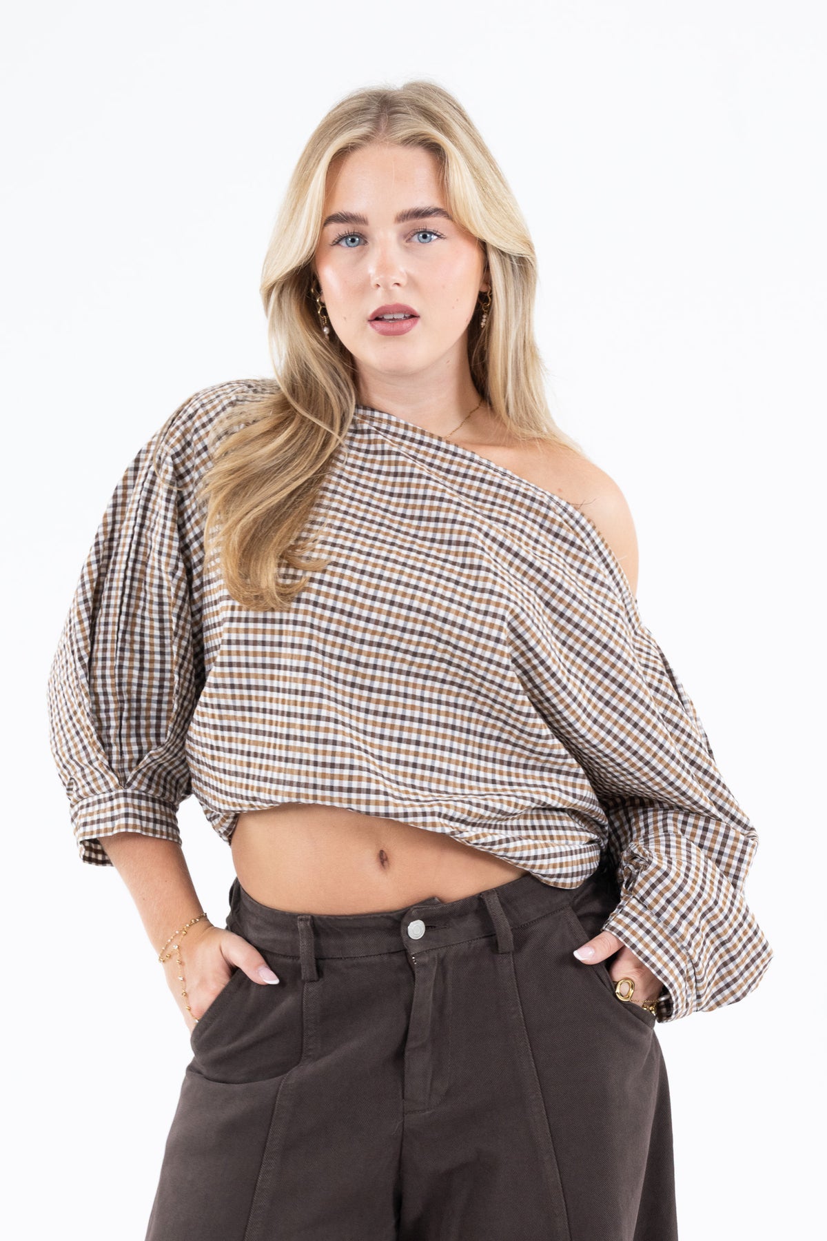 Off Shoulder Check Blouse