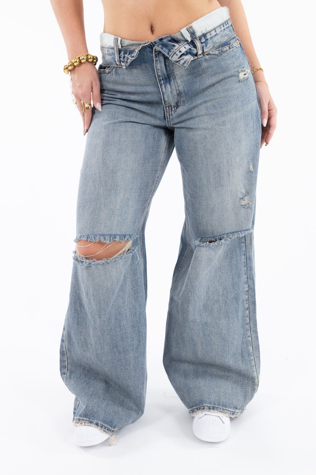 Distressed Fold Over Jeans