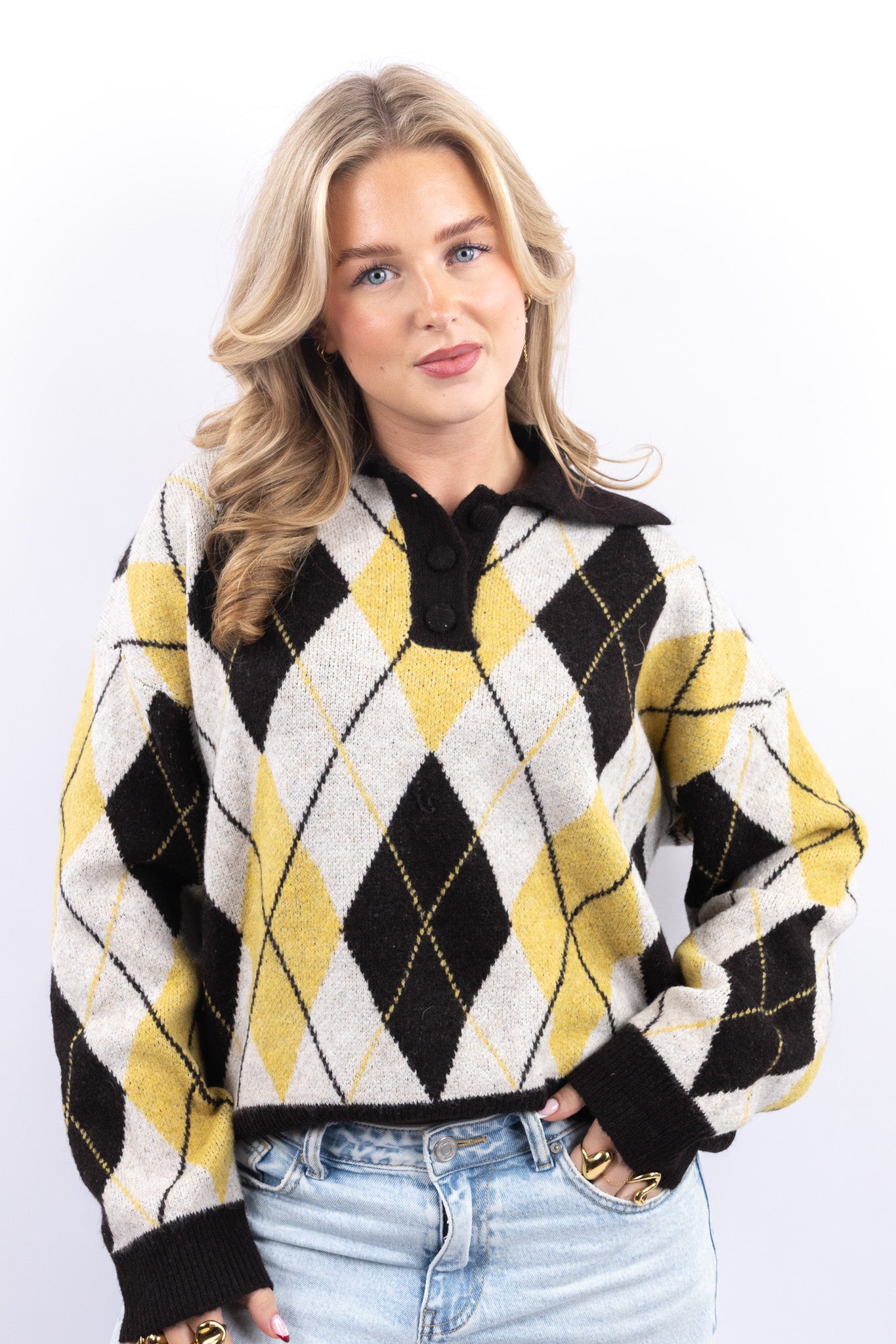 Buttoned Argyle Knit